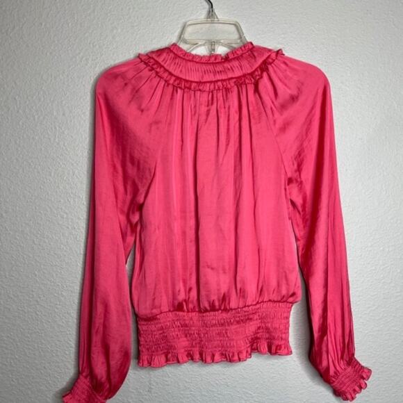 NEW Catherine Malandrino X-Small Silky Long Sleeve Ruffle Blouse Tango Pink - Picture 8 of 15